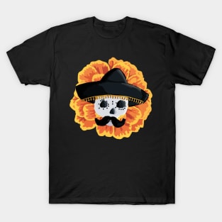 Charro mexican kawaii cute sugar skull mexican style cempasúchil mustache mexican sombrero skeleton T-Shirt